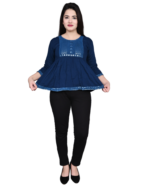 Rayon Stylish Blue Embroidery Top For Women/Girls