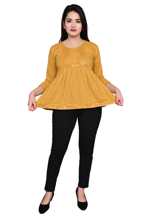 Rayon Stylish Yellow Embroidery Top For Women/Girls